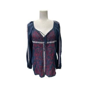 Johnny Was 3J Workshop Blue Red Embroidered Tunic Top Cotton Long Sleeve Small